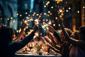 Eine Gruppe von Menschen feiert bei einem gemeinsamen Abendessen, Wunderkerzen 