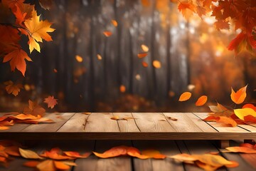 Naklejka na ściany i meble Wooden table with orange leaves autumn background