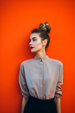 Portrait einer Frau mit gebundenen Haaren vor einem orangenen Hintergrund 