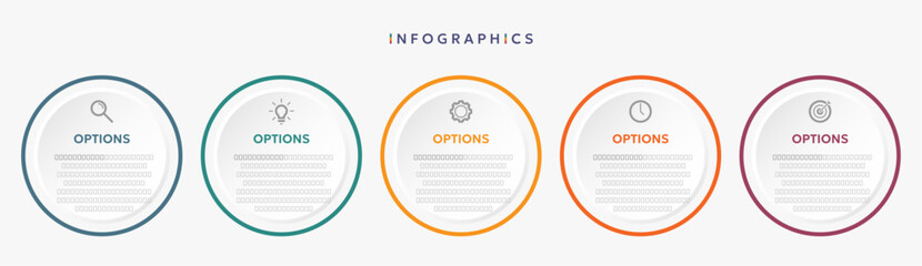 Fototapeta premium Paper infographic template with 5 circle options for presentation and data visualization. Business process chart.Diagram with Five steps to success.For content,flowchart, workflow.