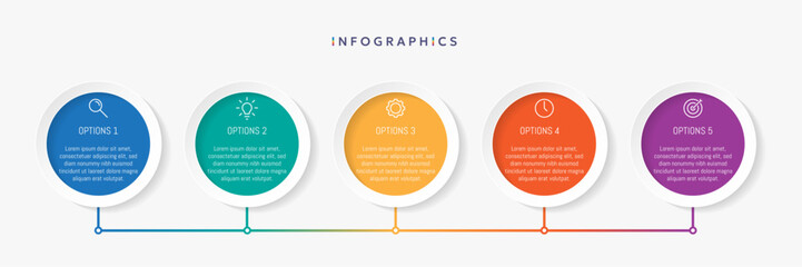 Paper infographic template with 5 circle options for presentation and data visualization. Business process chart.Diagram with Five steps to success.For content,flowchart, workflow.