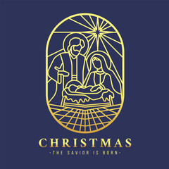 Christmas, the savior is born abstract - Gold line drawing The Nativity with mary and joseph in a manger with baby Jesus in square rounded corner frame on dark purple background vector design