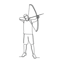 Continuous single line sketch drawing of professional archer bow athlete aiming target. One line art of sport hobby archery concept vector illustration