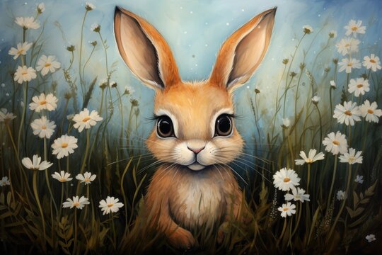 cute bunny rabbit with big eyes standing in a field of flowers - illustration