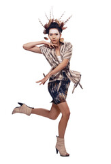Isolated woman, native American clothes and portrait for dance, culture and transparent png background. Girl, dancer or model for cosplay, style and indigenous fashion for moving, steps and tribe