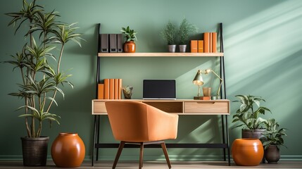 Stylish and boho home interior of open work space with wooden desk, chair. Design and elegant personal accessories. Botany and minimalistic home decor with pastel color