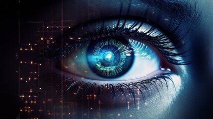 future tech vision: cyberspace concept with a futuristic woman's eye display &ndash; science and technology background