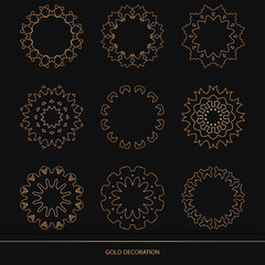 Set 9 of Luxury ornamental element design gold color on black background. Design template for wallpaper. Isolated ornament. Vector Illustration.	