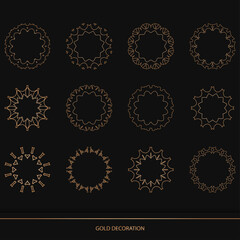Set 12 of Luxury ornamental element design gold color on black background. Design template for wallpaper. Isolated ornament. Vector Illustration.	