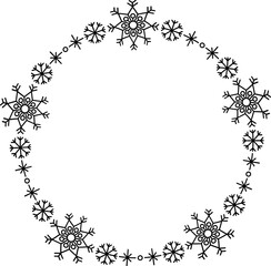 Snowflake circle frame. Winter snowflake round border.