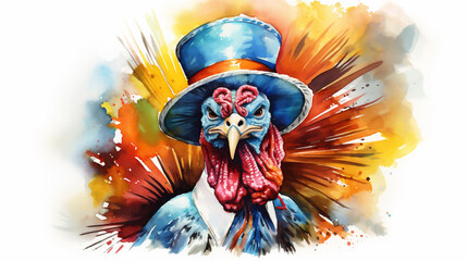 Watercolor Painting, Cartoon Thanksgiving Turkey, Generative AI