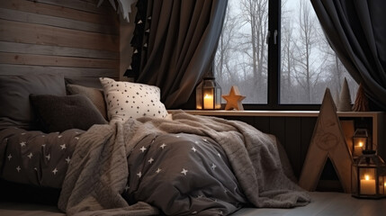 Interior of cozy single bedroom decorated with quilt and curtains. Space for text