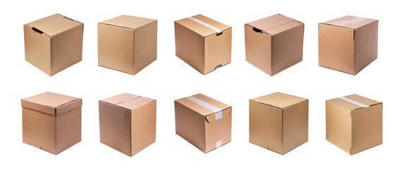 Collection of cardboard boxes for shipping, isolated on transparent background.