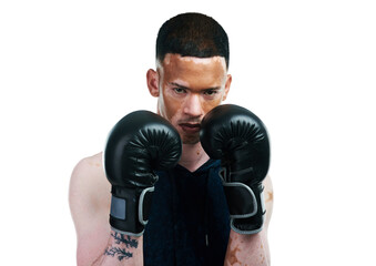 Vertiligo man, portrait and fighter for boxing, self defense or training isolated on a transparent...