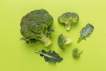 Flat lay with fresh broccoli on color background