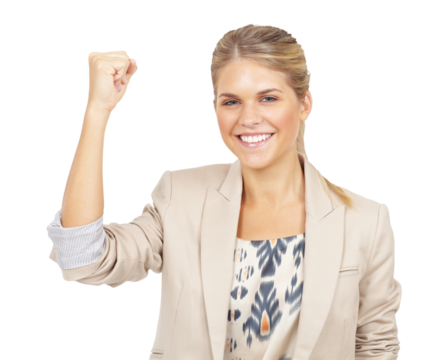 Portrait, smile and fist pump with a business woman isolated on transparent background for success or motivation. Winner, goal and target with a happy young employee in a suit on PNG for achievement