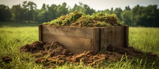 Photo of green grass pile in wooden box. Compost, manure waste heap as ecological fertilizer. Decay in rural area. Sustainable development, environmental care. - obrazy, fototapety, plakaty