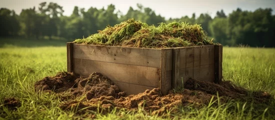 Deurstickers Photo of green grass pile in wooden box. Compost, manure waste heap as ecological fertilizer. Decay in rural area. Sustainable development, environmental care. © AkuAku