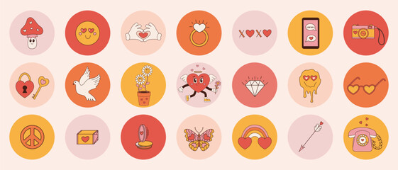 Groovy set stickers for Valentines day. Daisy, character heart, rainbow. Love concept. Vector illustration in trendy retro 60s 70s style