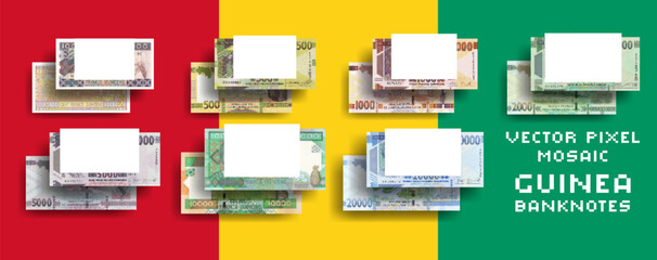 Vector set of pixel mosaic banknotes of Guinea. Collection of notes in denominations of 100, 500, 1000, 2000, 5000 and 10000 francs. Overs and reverses. Play money or flyers. - obrazy, fototapety, plakaty