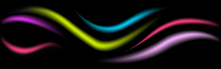 Black background with neon wavy stripes, starry night sky. Cover template, texture of color science fiction story space atmosphere.