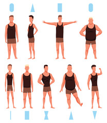 Obraz premium Male figures types icon set. Various body front view. Human anatomy, man standing shapes. Vector illustration in cartoon style