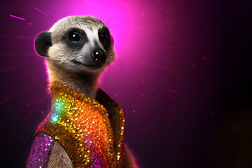 Creative animal concept. Meerkat in disco neon glitter glam shiny glow sequin outfit, copy text space. commercial, editorial advertisement party invitation invite, surreal surrealism - obrazy, fototapety, plakaty