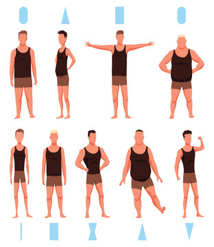 Male figures types icon set. Various body front view. Human anatomy, man standing shapes. Vector illustration in cartoon style