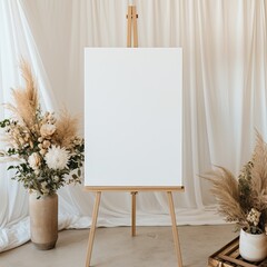 blank white welcome sign on an easel for a modern boho wedding - mockup template