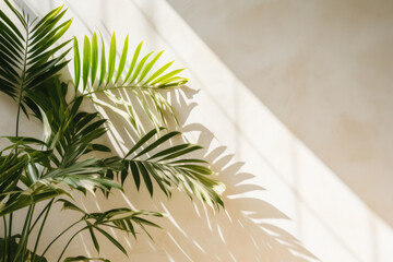 Tropical palm leaves with shadows on white concrete wall in sunlight. Abstract tropical background for product presentation