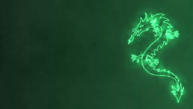 Glowing dragon on gradient green smoky background. Chinese new year dragon animation with free space on the left. .