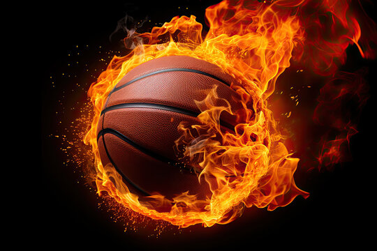 basketball with fire flame on black background