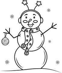 Cute smiling snowman in a headband and scarf, highlighted on a white background.Vector black and white illustration.  Perfect for holiday and Christmas designs. Coloring of a cute cartoon snowman.