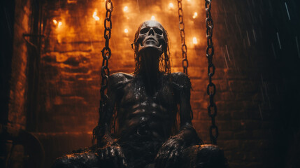 Mummified skeleton prisoner in a dungeon bound by iron chains - role playing fantasy concept - dark shadows with orange candle light - horror and creepy scene. - obrazy, fototapety, plakaty