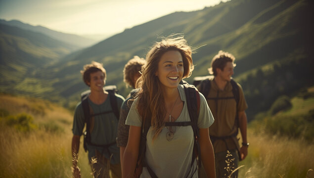 Beautiful group of friends with backpacks hiking in the mountains in daytim