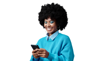 Happy, typing and black woman with phone for social media on isolated, png and transparent background. Communication, networking and person on smartphone for online chatting, website or internet blog
