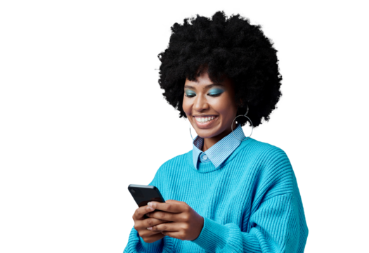 Happy, typing and black woman with phone for social media on isolated, png and transparent background. Communication, networking and person on smartphone for online chatting, website or internet blog