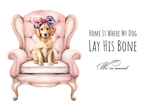 Dog lover moving announcement. Watercolor golden retriever breed We have moved card. Dog moving