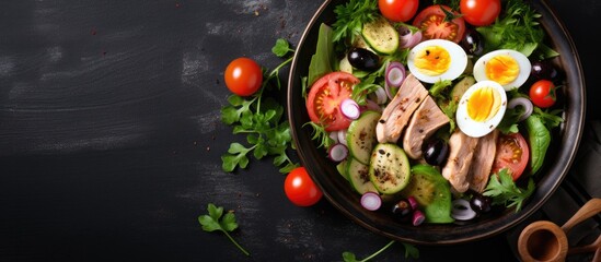 Keto-friendly salad with tuna, quail eggs, vegetables, and selective focus, viewed from above.
