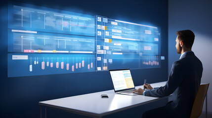 Project management. Project manager updating tasks, milestone progress planning with augmented reality Gantt chart scheduling on virtual screen. Businessman working on digital tablet, . generative ai.