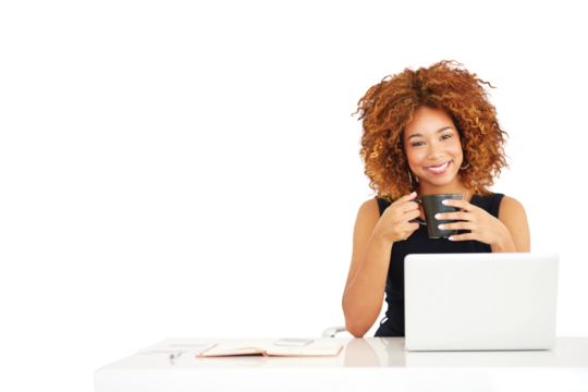 Businesswoman, portrait and laptop or coffee for internet communication, type as manager. Female person, face and isolated transparent png background as professional worker, book or morning espresso