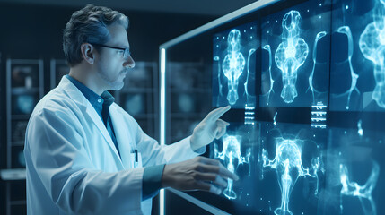 Radiology Doctor working diagnose treatment virtual Human Lungs and long Covid 19 on modern interface screen.Healthcare and medicine,Innovation and Medical technology Concept. generative ai.