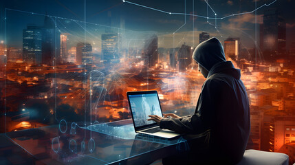 Ransomware cyber security concept, double exposure of man working on laptop computer and cityscape with technology code background of cyber security icons and internet network, malware. generative ai.