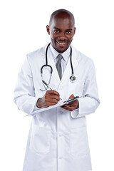 Portrait, clipboard and happy black man, doctor and writing medical info, medicine prescription or...
