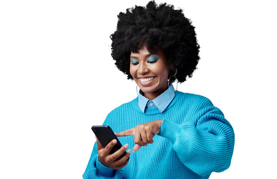 Happy, typing and black woman with phone for online chatting on isolated, png and transparent background. Communication, networking and person on smartphone for social media, website or internet blog