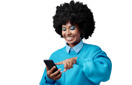 Happy, typing and black woman with phone for online chatting on isolated, png and transparent background. Communication, networking and person on smartphone for social media, website or internet blog
