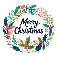 christmas wreath with present and merry christmas written in center vector illustrations
