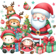 Cute santa claus and friends for christmas day with watercolor illustration isolated on white background