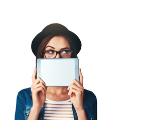 Space, tablet or woman and thinking of screen, sale or deal on isolated, transparent or png background. Digital, mockup or model behind advertising news, offer or sign up discount, app or promo