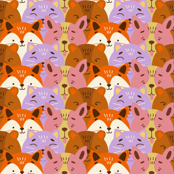 Cute Seamless Pattern with Dog, Cat, Bear and Fox. Childish Background with Funny Animals Faces. Kids Texture for Fabric, Textile, Wrapping, Wallpaper, Apparel. Vector Flat Illustration.